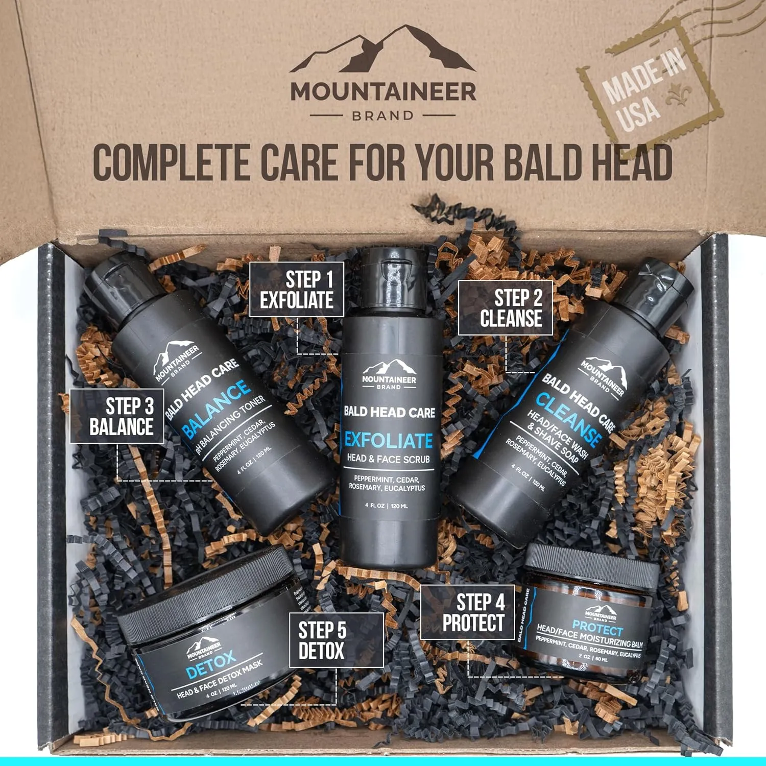 Mountaineer Brand Ultimate Bald Head Care Gifts Bundle For Men | All Natural 5 Step Skin Care for Healthy Scalp & Face | Exfoliate Scrub | Cleanse Wash | Shine Away | Moisturizing Balm | Detox