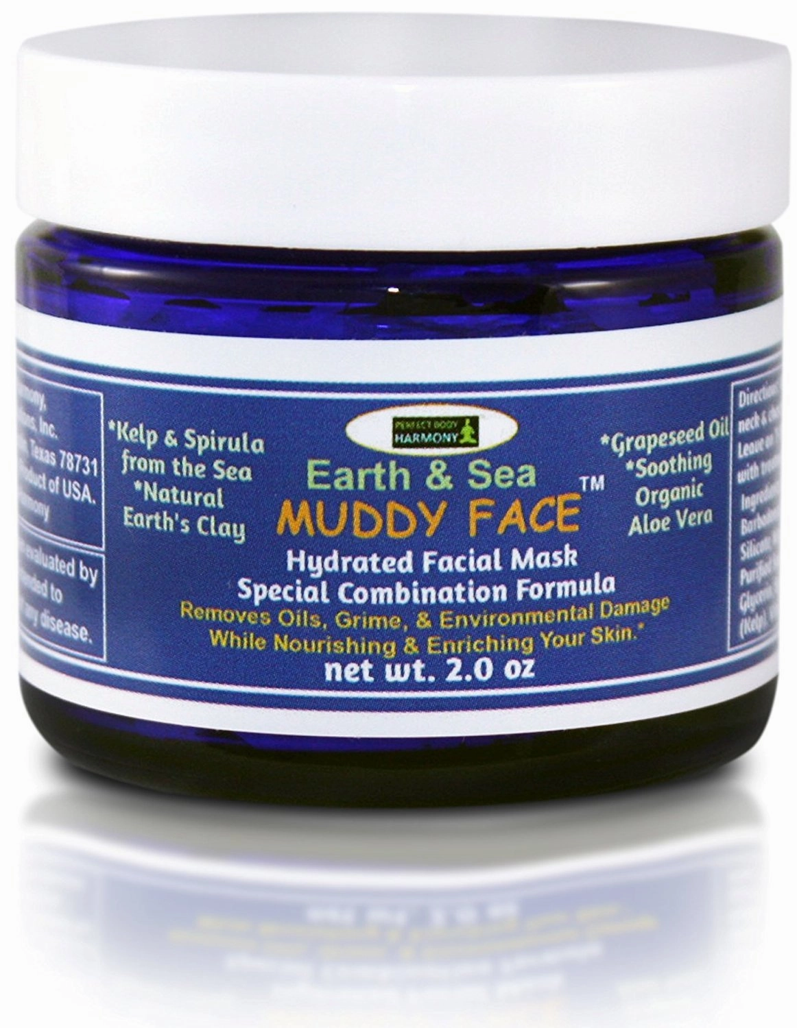 MUDDY FACE (Earth & Sea) Pre-Mixed (Hydrated) Spa Quality Facial Clay Mud Detox Mask, Organic Aloe Vera, Grapeseed Oil, Vit. C, Kelp & Spirulina Seaweed, Minerals, Kaolin & Bentonite Clay, 2.5 oz Jar