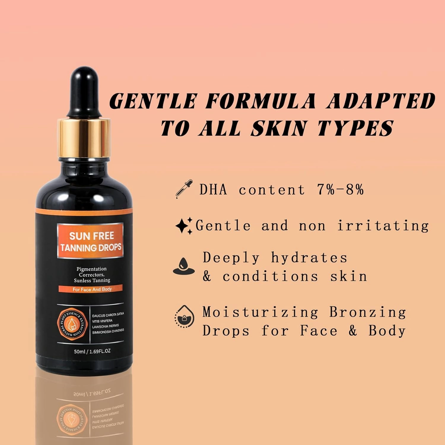Natural Organic Self-Tanning Drops for Face - Carrot Seed Oil, Jojoba & DHA Bronzing Drops | Hydrating, Vegan Tanning Serum with Beetroot & Turmeric | Gentle Face Tanner for Sunless Glow
