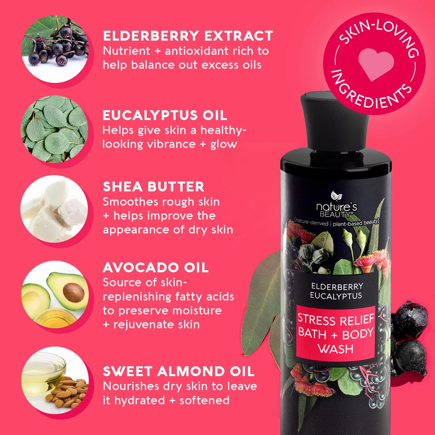 Nature's Beauty Elderberry Eucalyptus Stress Relief Body Wash Multi-Pack - Gentle Bath   Body Cleanser, Restore Skin Made w/Shea Butter, Avocado Oil, and Sweet Almond Oil, 12 fl oz (2 Pack)