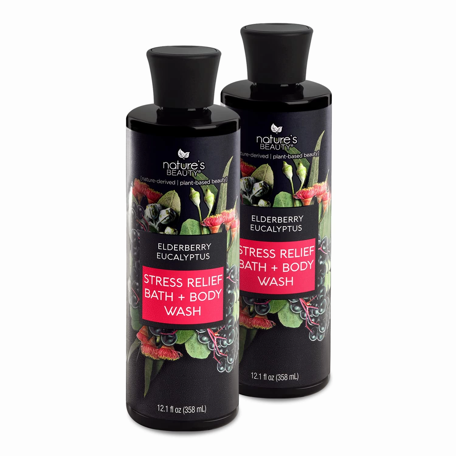 Nature's Beauty Elderberry Eucalyptus Stress Relief Body Wash Multi-Pack - Gentle Bath   Body Cleanser, Restore Skin Made w/Shea Butter, Avocado Oil, and Sweet Almond Oil, 12 fl oz (2 Pack)