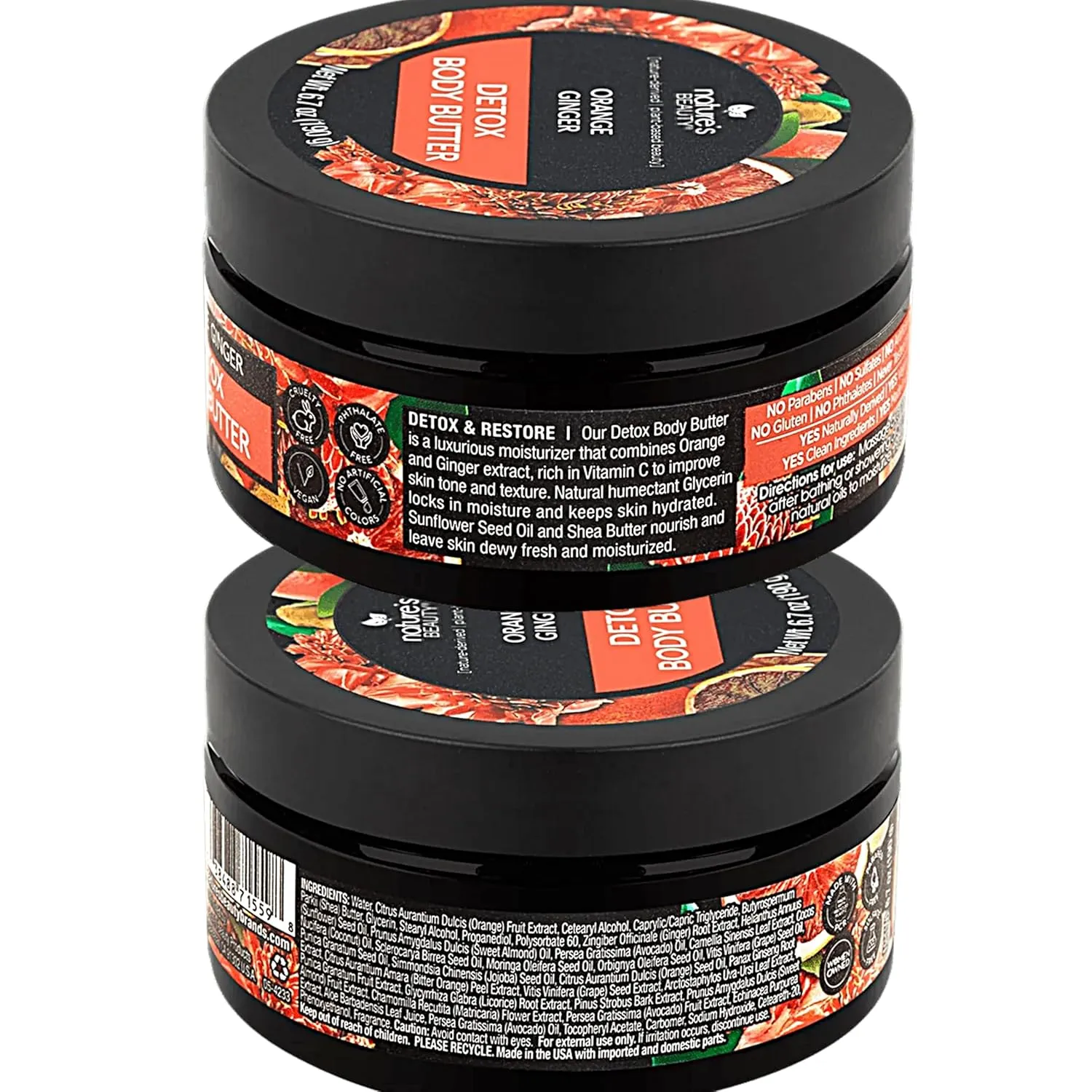 Nature's Beauty Orange Ginger Detox Body Butter Multi-Pack - Luxury Rich Moisturizer, Purify   Reset   Soothe your Skin, Made w/Vitamin C, Sunflower   Almond   Avocado Oils, 6.7 oz (2 Pack)
