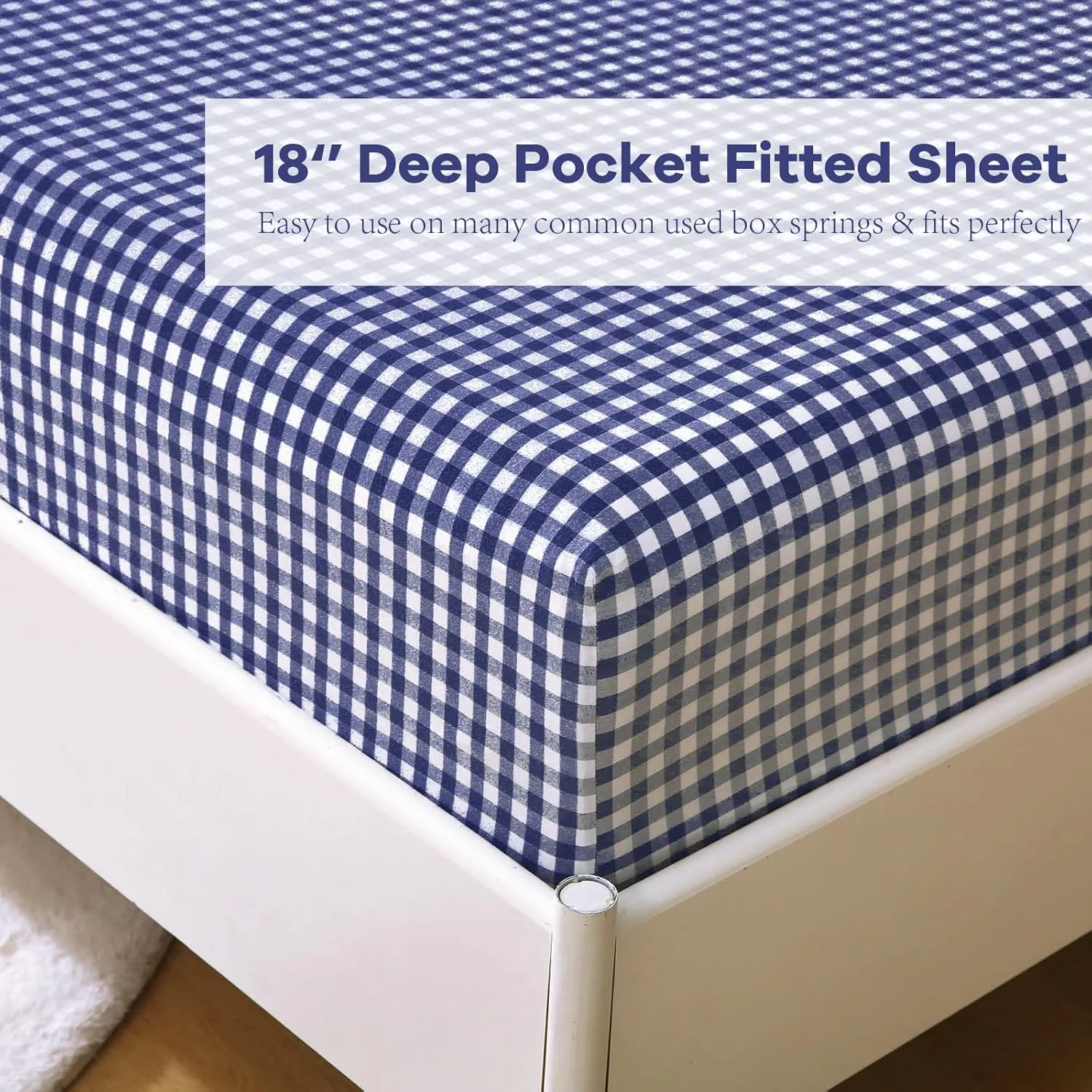 Navy Blue White Plaid Ruffle Sheets Full Size 4-Piece Set, 300TC 100% Yarn Dyed Cotton Sheets 18 in Deep Pocket Classic Gingham Decorative Bedding (Navy Blue/White Plaid, Full)