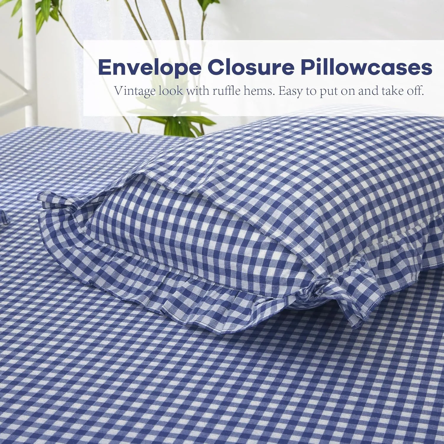 Navy Blue White Plaid Ruffle Sheets Full Size 4-Piece Set, 300TC 100% Yarn Dyed Cotton Sheets 18 in Deep Pocket Classic Gingham Decorative Bedding (Navy Blue/White Plaid, Full)
