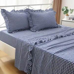 Navy Blue White Plaid Ruffle Sheets Full Size 4-Piece Set, 300TC 100% Yarn Dyed Cotton Sheets 18 in Deep Pocket Classic Gingham Decorative Bedding (Navy Blue/White Plaid, Full)