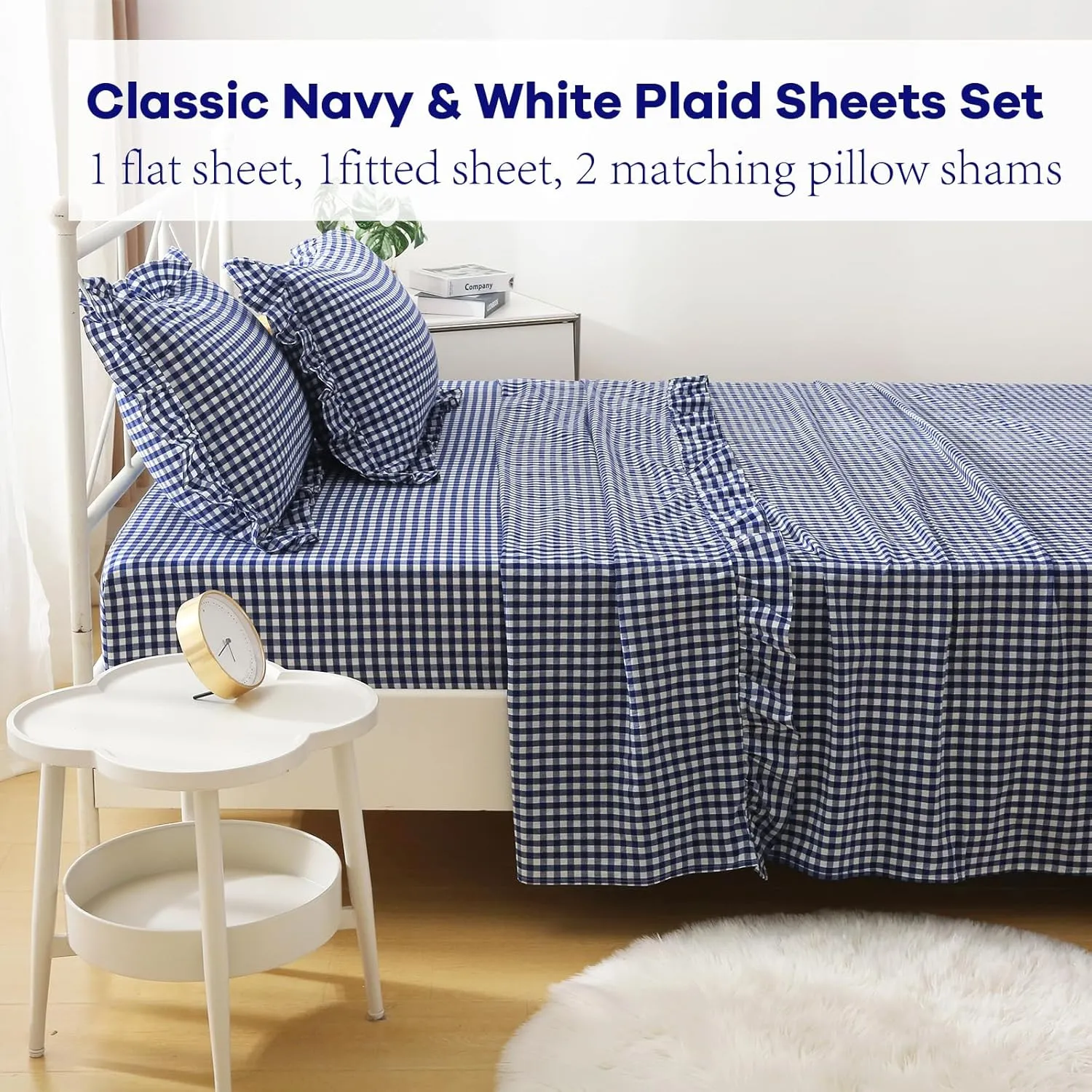 Navy Blue White Plaid Ruffle Sheets Full Size 4-Piece Set, 300TC 100% Yarn Dyed Cotton Sheets 18 in Deep Pocket Classic Gingham Decorative Bedding (Navy Blue/White Plaid, Full)
