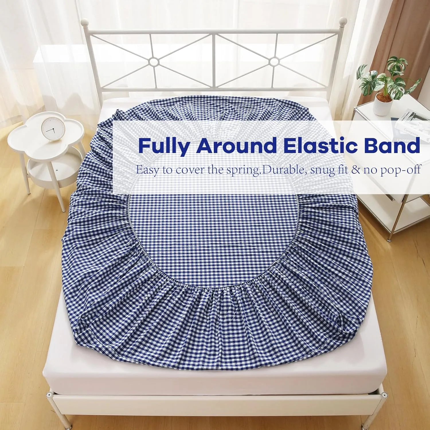 Navy Blue White Plaid Ruffle Sheets Full Size 4-Piece Set, 300TC 100% Yarn Dyed Cotton Sheets 18 in Deep Pocket Classic Gingham Decorative Bedding (Navy Blue/White Plaid, Full)