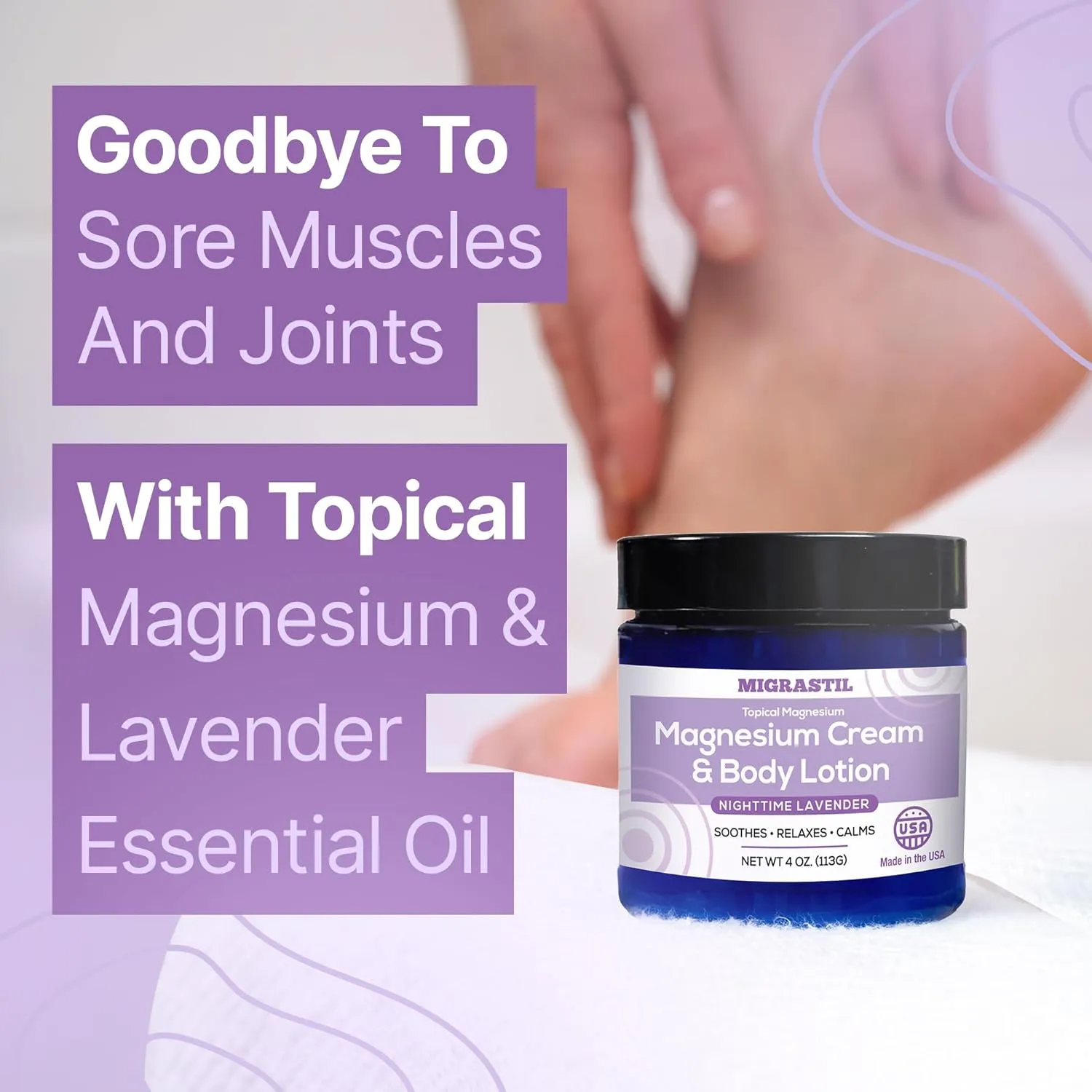 Nighttime Lavender Magnesium Cream & Non-Greasy Body Lotion. Extra Strength 250mg Magnesium Chloride for Muscle Relief, Leg Cramps, Relaxation and Sweet Sleep. Vegan, Made in The USA.