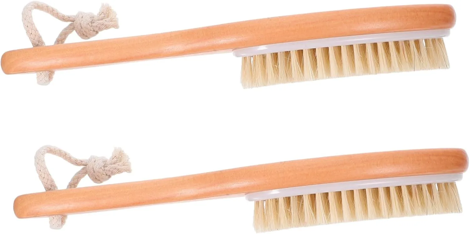 NOLITOY 2pcs Exfoliating Body Scrubber with Ergonomic Wooden Handle Gentle Bristle Bath Brush for Deep Cleansing and Massage for Men and Women Spa Quality Shower Accessory