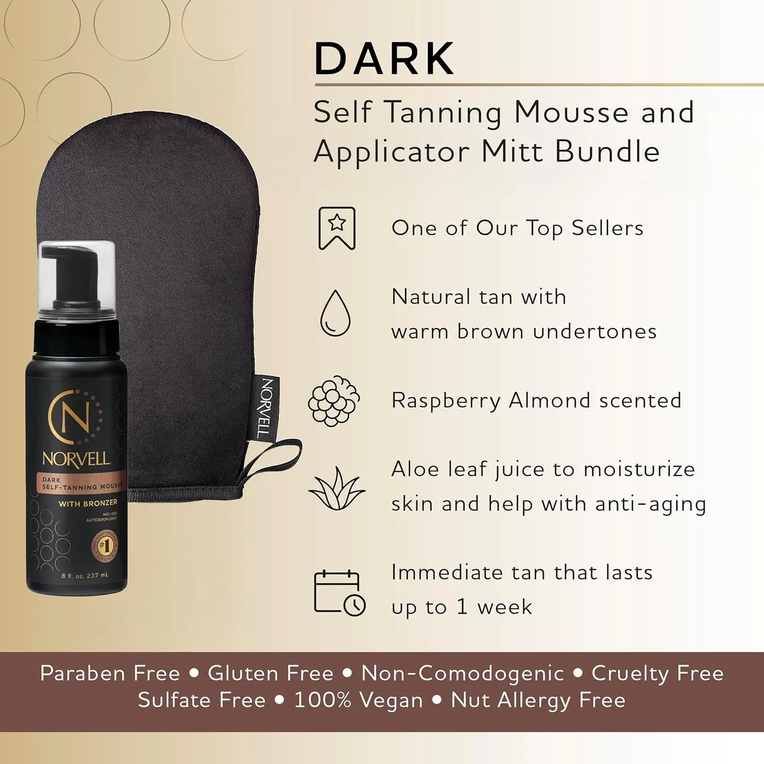 Norvell Sunless Dark Self Tanner Mousse with Mitt, 8 Fl Oz   Streak Free Tanning Applicator Mitt - Instant Natural Looking Bronzing Glow