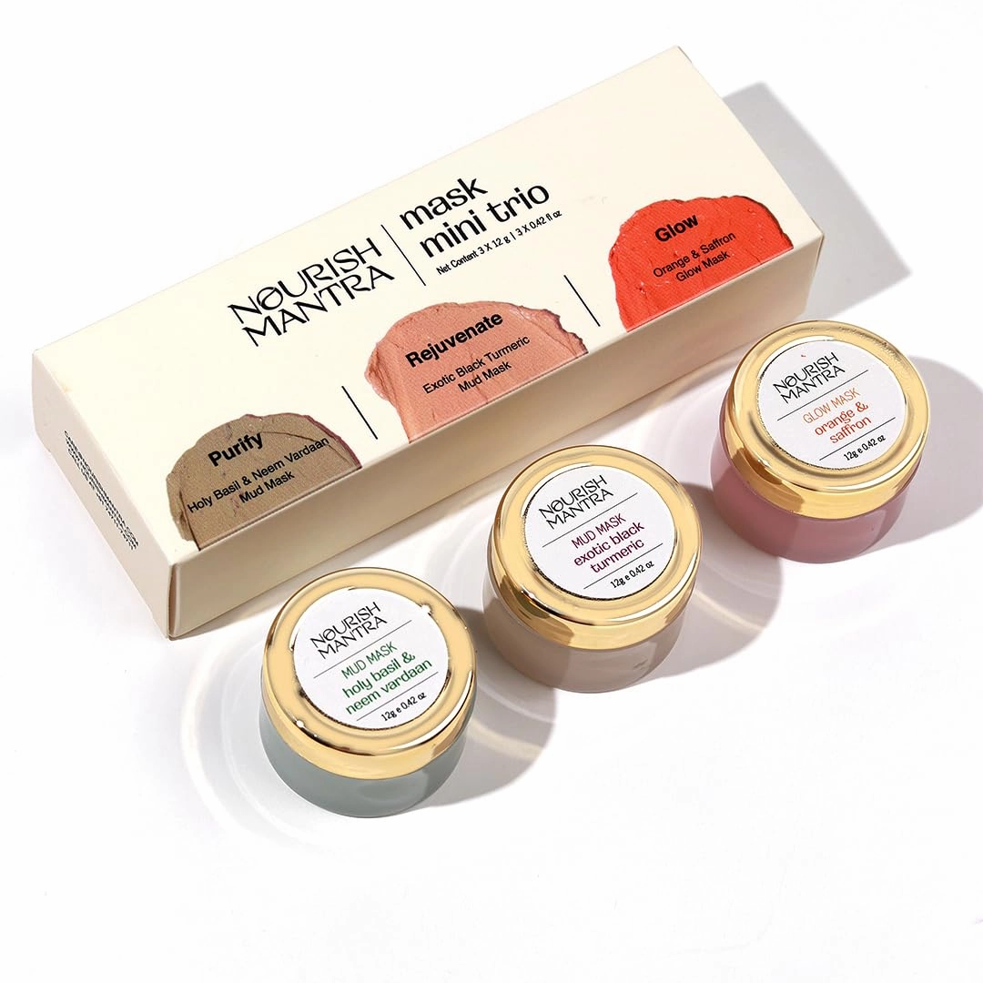 NOURISH MANTRA Mask Mini Trio Face Care Kit | Holy Basil & Neem Vardaan Mud Mask, Exotic Black Turmeric Mud Mask, Orange & Saffron Avanda Glow Mask | for Rejuvenated & Glowing Skin (12g each)