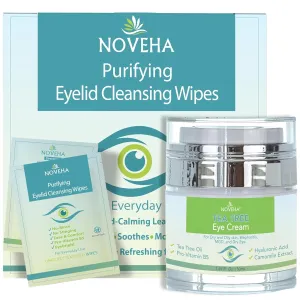 NOVEHA Sensitive Eye Care Bundle – Eyelid & Lash Wipes (60pcs)   Tea Tree Anti-Wrinkle Eye Cream 1.69 fl oz | Hydrating Daily Routine for Itchy Lids, Dry Skin & Wrinkles