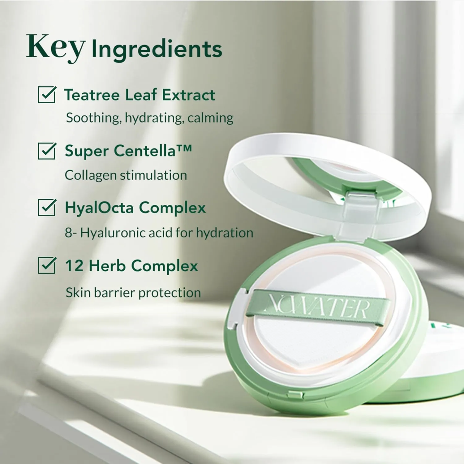 NOWATER Tea Tree Tone-up Sun Cushion (SPF50 , PA    ) | No.21 | Cushion Foundation with UV Protection | Hyaluronic Acid, Niacinamide | Korean Make up for face (0.88 fl.oz)
