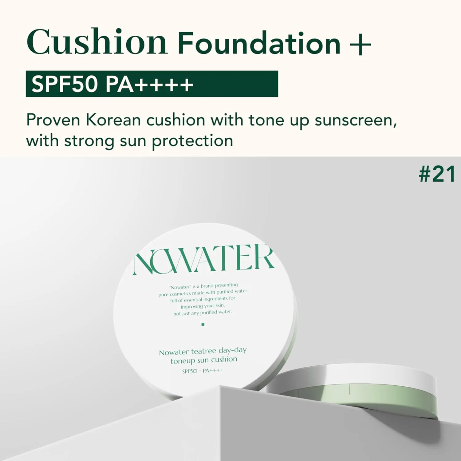 NOWATER Tea Tree Tone-up Sun Cushion (SPF50 , PA    ) | No.21 | Cushion Foundation with UV Protection | Hyaluronic Acid, Niacinamide | Korean Make up for face (0.88 fl.oz)
