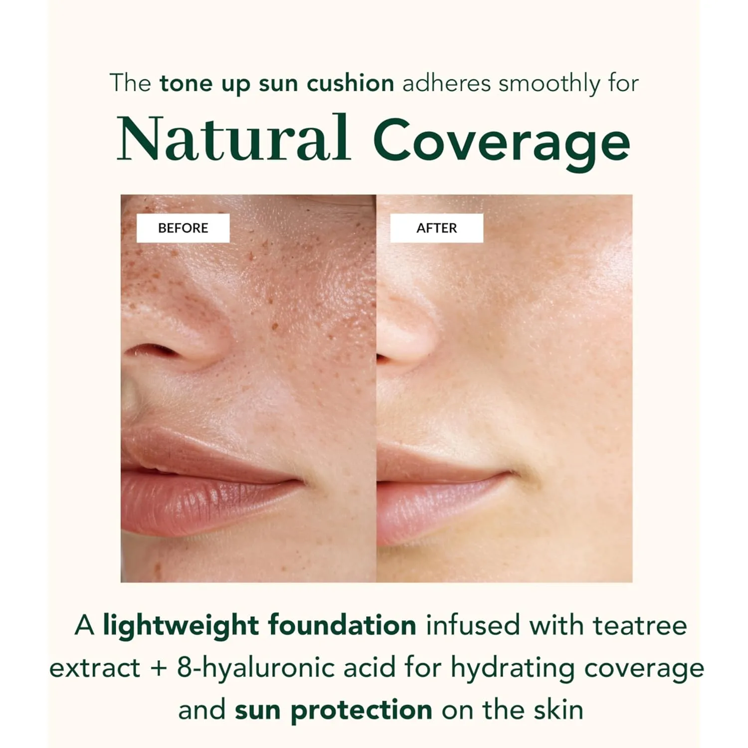 NOWATER Tea Tree Tone-up Sun Cushion (SPF50 , PA    ) | No.21 | Cushion Foundation with UV Protection | Hyaluronic Acid, Niacinamide | Korean Make up for face (0.88 fl.oz)