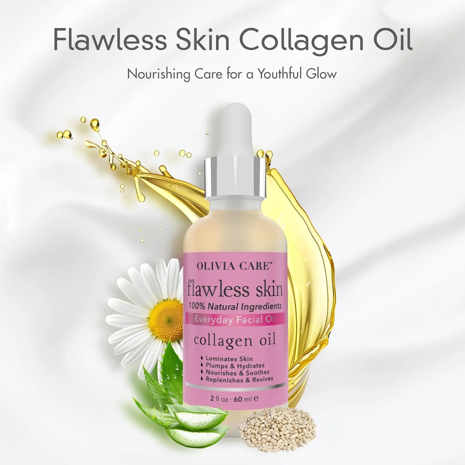 Olivia Care Collagen Facial Oil - Flawless Essential Facial Oil 100% Natural. Nourishing, Reviving & Hydrating Soothing - For All Skin Types - 2 fl oz (Collagen)
