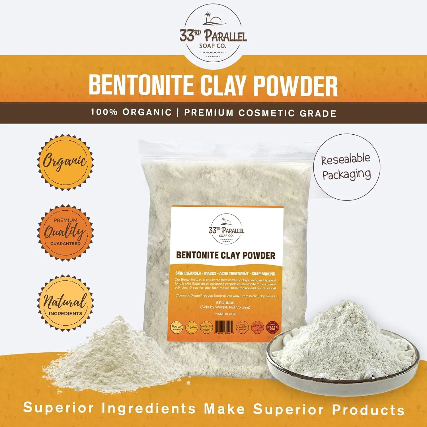 ORGANIC BENTONITE CLAY POWDER (2 LBS / 32 oz) Organic 100% Natural Cosmetic Grade | Facials, Face Mask, Soap Making, Creams & Lotions, Bath Bombs | (2 POUND)
