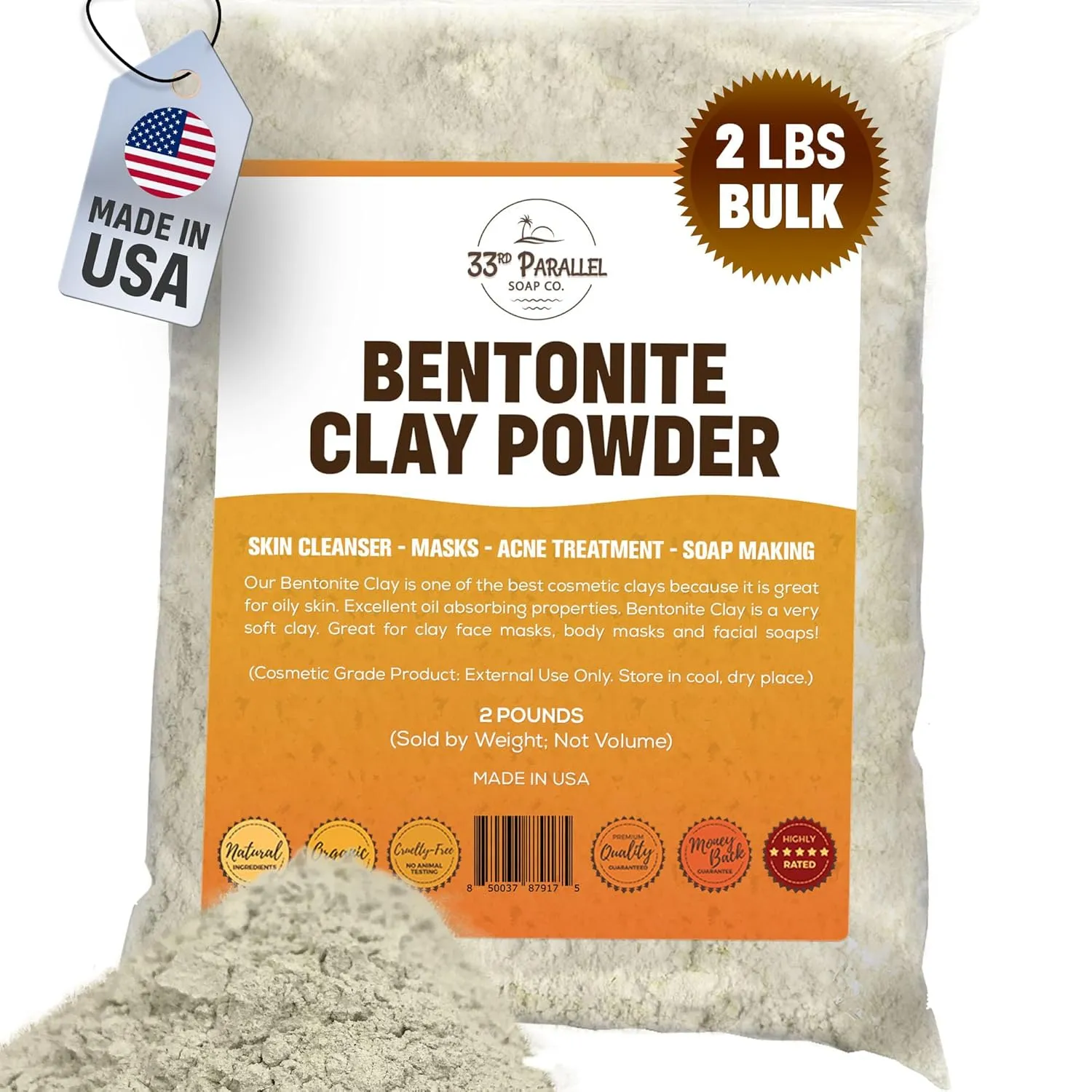 ORGANIC BENTONITE CLAY POWDER (2 LBS / 32 oz) Organic 100% Natural Cosmetic Grade | Facials, Face Mask, Soap Making, Creams & Lotions, Bath Bombs | (2 POUND)