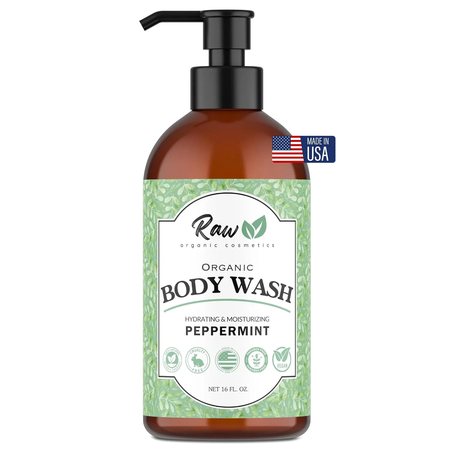 Organic Body Wash Peppermint Scent - All Natural Soap With Shea Butter - Refreshing & Soothing Peppermint for Natural Hydration & Sensitive Skin - Made in USA, 16 oz