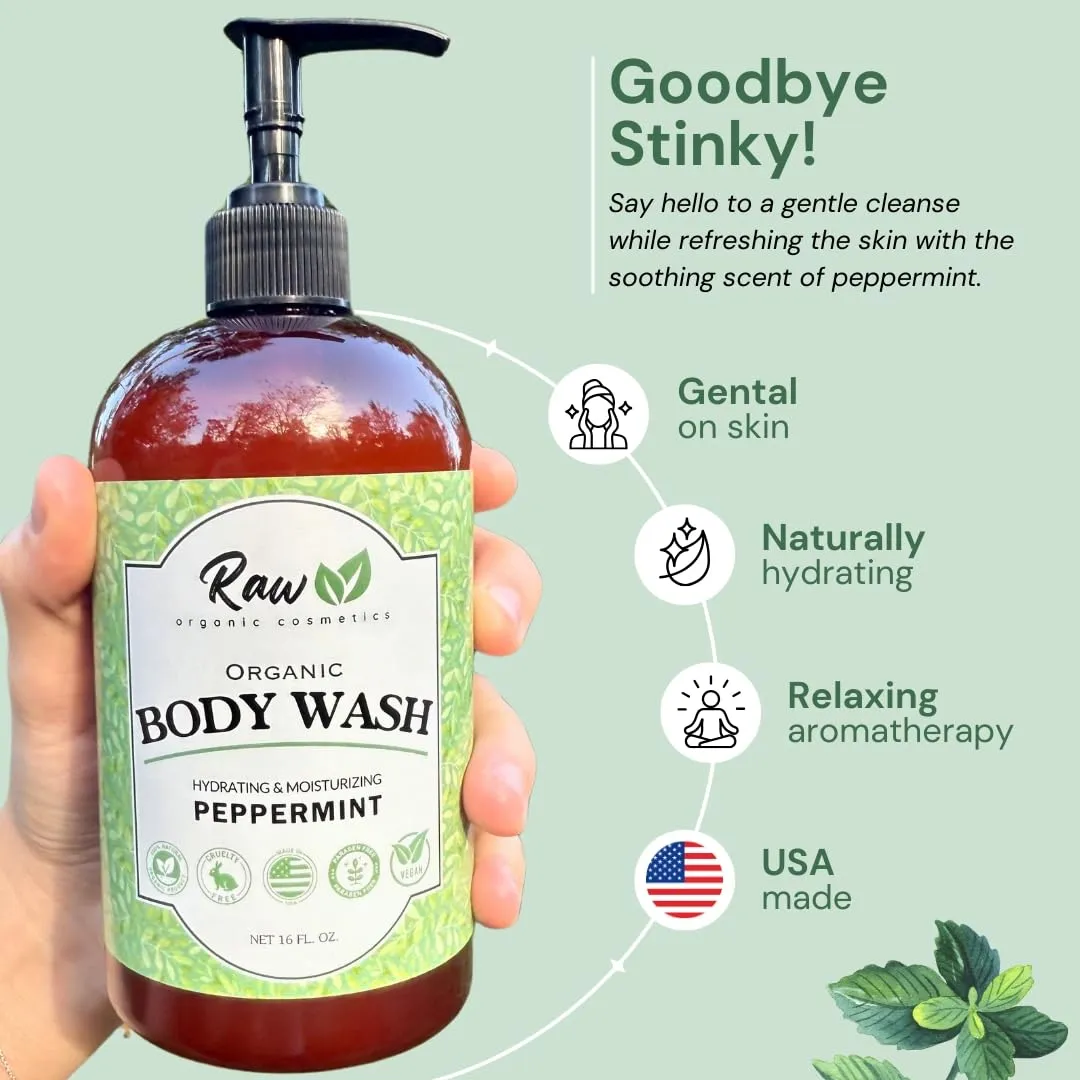 Organic Body Wash Peppermint Scent - All Natural Soap With Shea Butter - Refreshing & Soothing Peppermint for Natural Hydration & Sensitive Skin - Made in USA, 16 oz