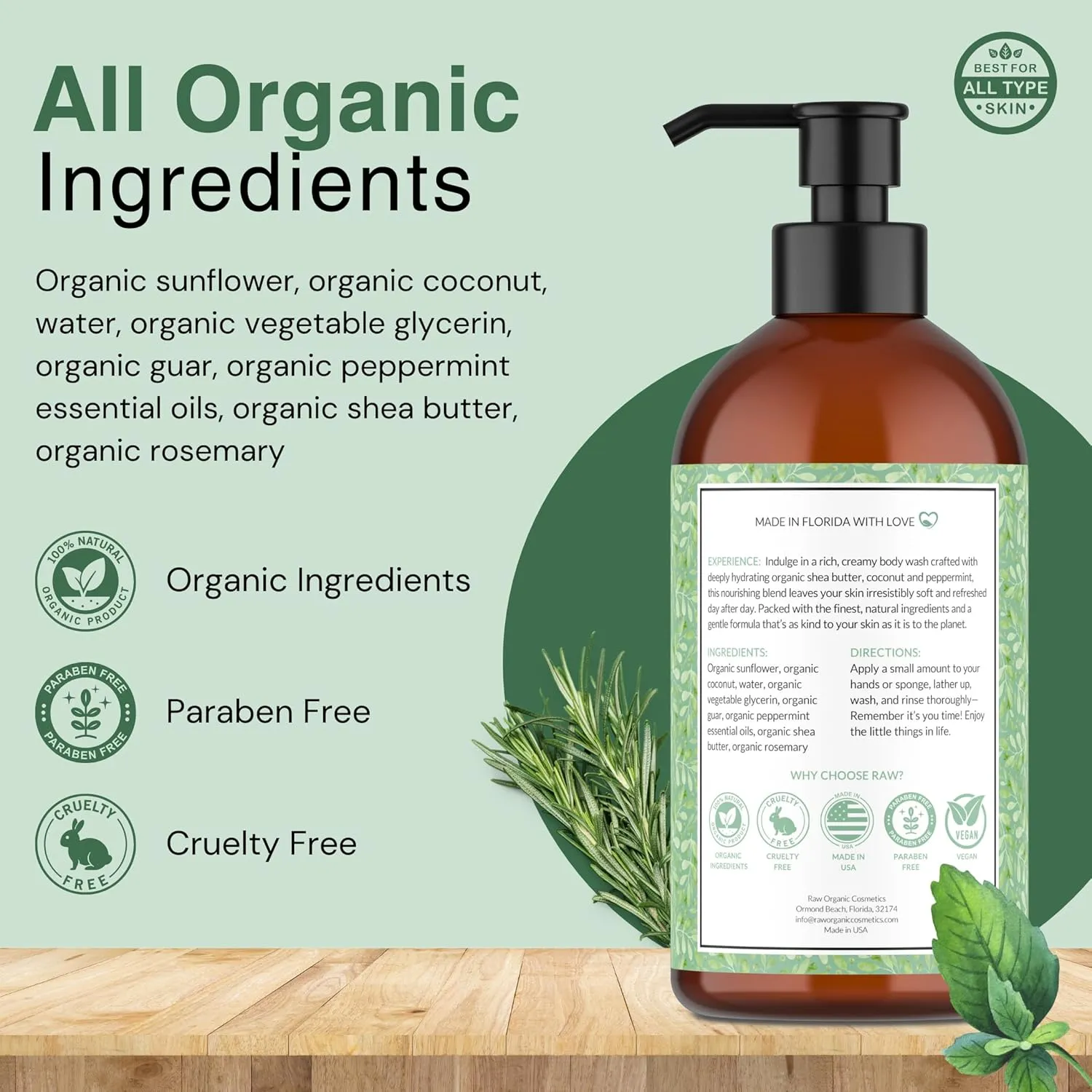 Organic Body Wash Peppermint Scent - All Natural Soap With Shea Butter - Refreshing & Soothing Peppermint for Natural Hydration & Sensitive Skin - Made in USA, 16 oz