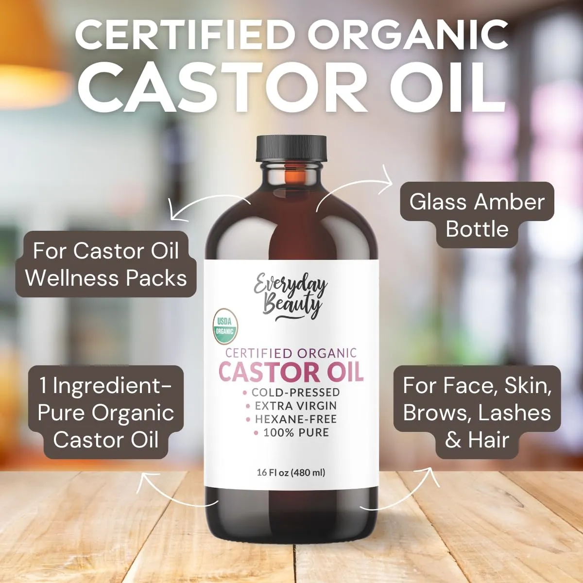 Organic Castor Oil - 16 Fl Oz Glass Bottle -100% Pure Certified USDA Organic, Cold Pressed & Hexane-Free, For Eyelashes, Eyebrows, Hair, Skin & Wellness Packs