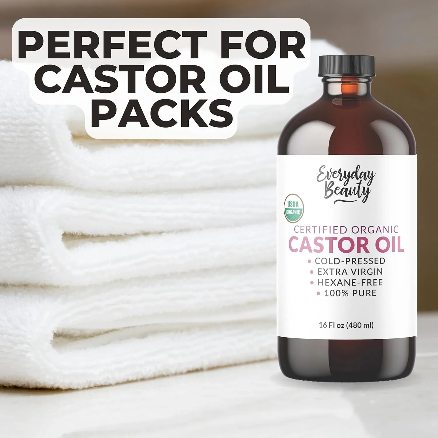 Organic Castor Oil - 16 Fl Oz Glass Bottle -100% Pure Certified USDA Organic, Cold Pressed & Hexane-Free, For Eyelashes, Eyebrows, Hair, Skin & Wellness Packs