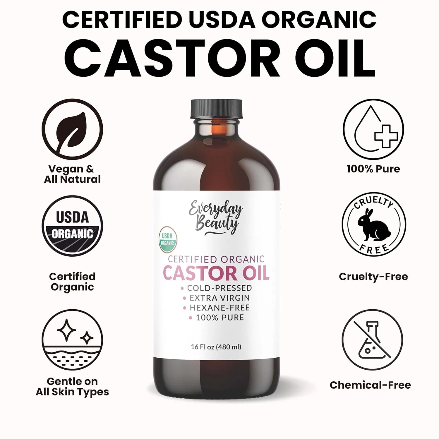 Organic Castor Oil - 16 Fl Oz Glass Bottle -100% Pure Certified USDA Organic, Cold Pressed & Hexane-Free, For Eyelashes, Eyebrows, Hair, Skin & Wellness Packs