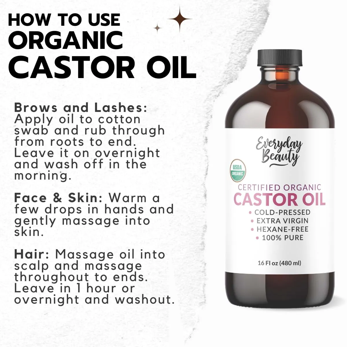 Organic Castor Oil - 16 Fl Oz Glass Bottle -100% Pure Certified USDA Organic, Cold Pressed & Hexane-Free, For Eyelashes, Eyebrows, Hair, Skin & Wellness Packs