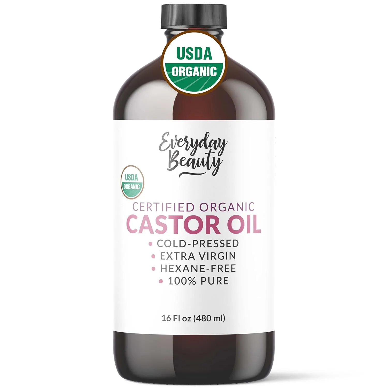 Organic Castor Oil - 16 Fl Oz Glass Bottle -100% Pure Certified USDA Organic, Cold Pressed & Hexane-Free, For Eyelashes, Eyebrows, Hair, Skin & Wellness Packs