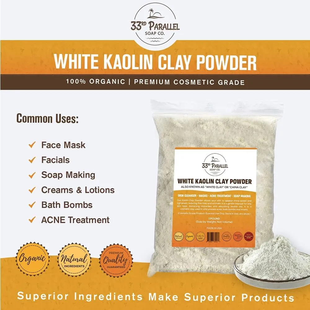 Organic White Kaolin Clay Powder (2 LBS / 32 oz) Organic 100% Natural Cosmetic Grade | Facials, Face Mask, Soap Making, Creams, Lotions, Bath Bombs | aka White Clay & China Clay Powder | 2 Pound