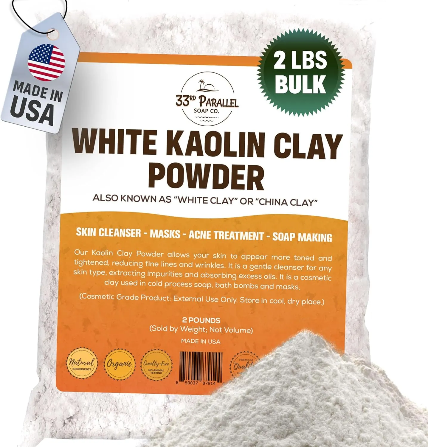 Organic White Kaolin Clay Powder (2 LBS / 32 oz) Organic 100% Natural Cosmetic Grade | Facials, Face Mask, Soap Making, Creams, Lotions, Bath Bombs | aka White Clay & China Clay Powder | 2 Pound