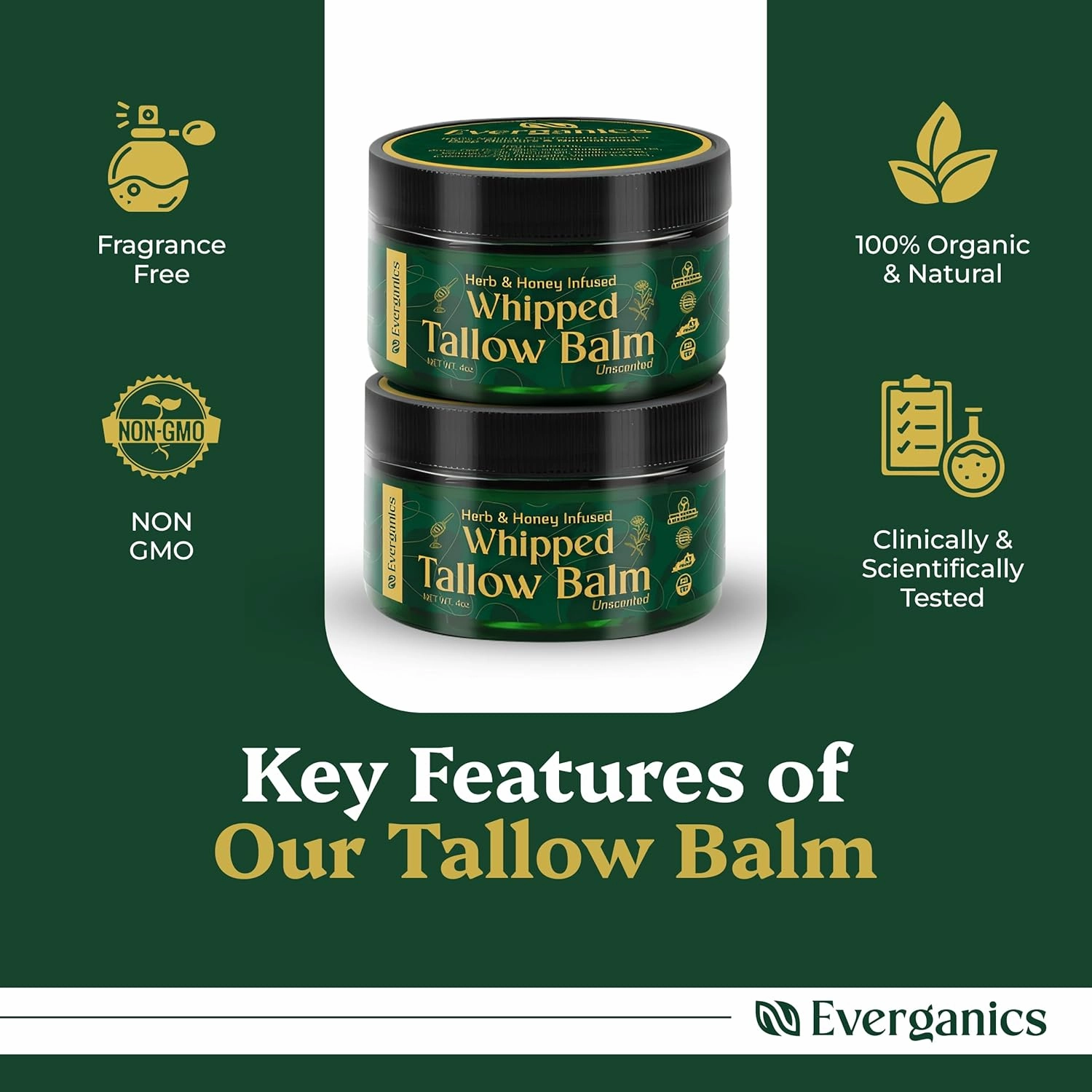 Organic Whipped Beef Tallow Balm with Herbs & Honey | Grass-Fed Tallow for Face & Skin | Moisturizer for Dry Skin Relief | Unscented, 4oz