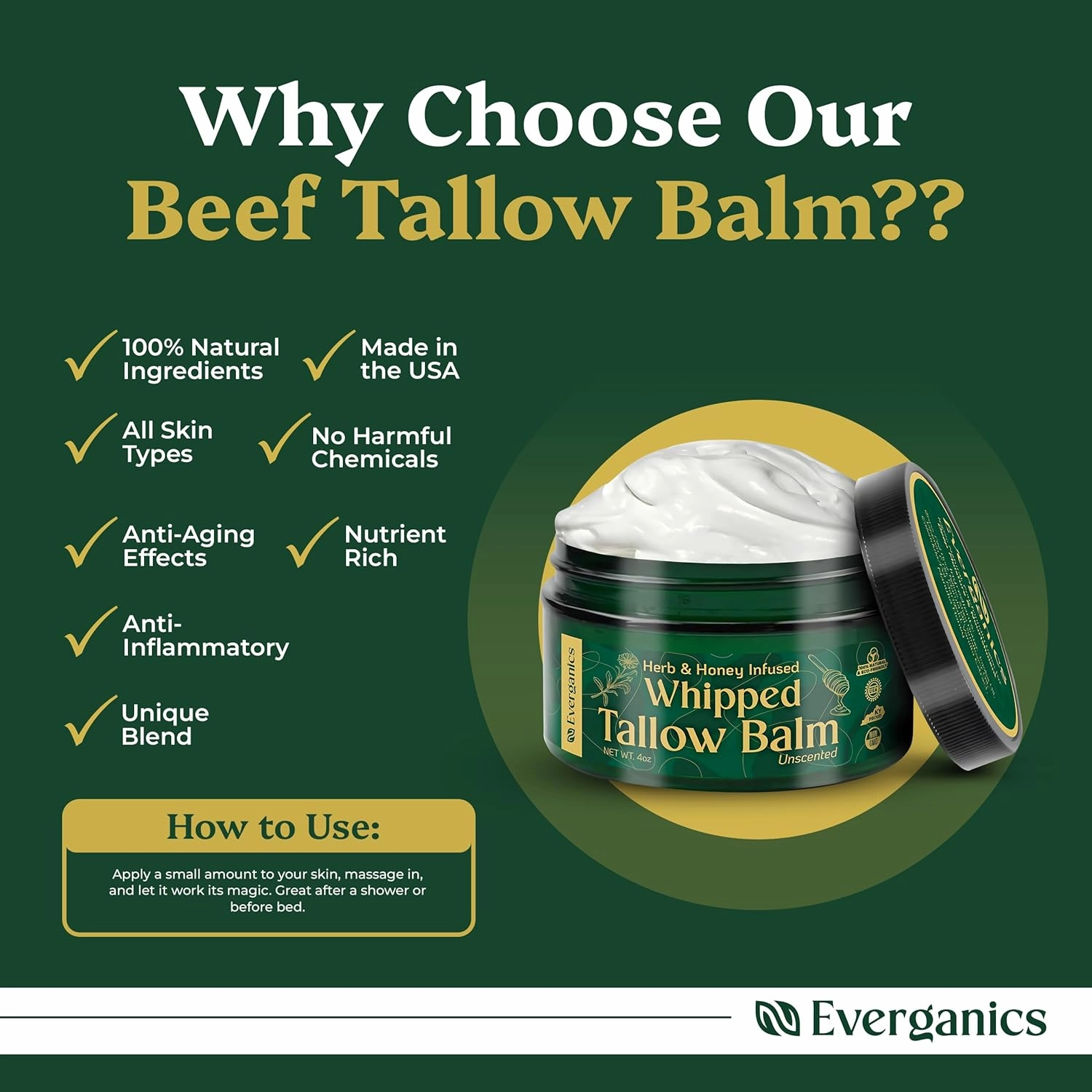 Organic Whipped Beef Tallow Balm with Herbs & Honey | Grass-Fed Tallow for Face & Skin | Moisturizer for Dry Skin Relief | Unscented, 4oz