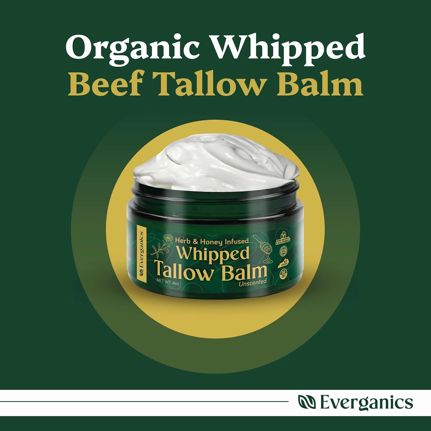 Organic Whipped Beef Tallow Balm with Herbs & Honey | Grass-Fed Tallow for Face & Skin | Moisturizer for Dry Skin Relief | Unscented, 4oz