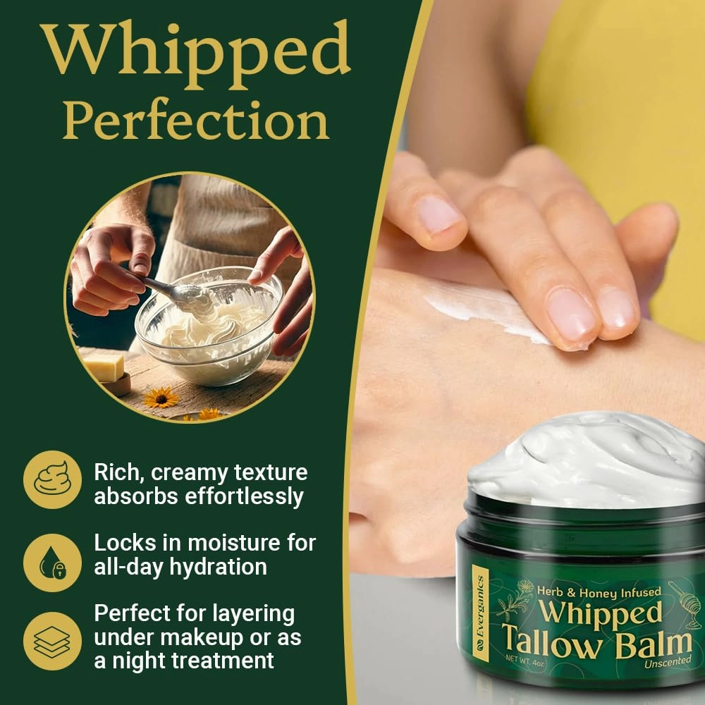 Organic Whipped Beef Tallow Balm with Herbs & Honey | Grass-Fed Tallow for Face & Skin | Moisturizer for Dry Skin Relief | Unscented, 4oz