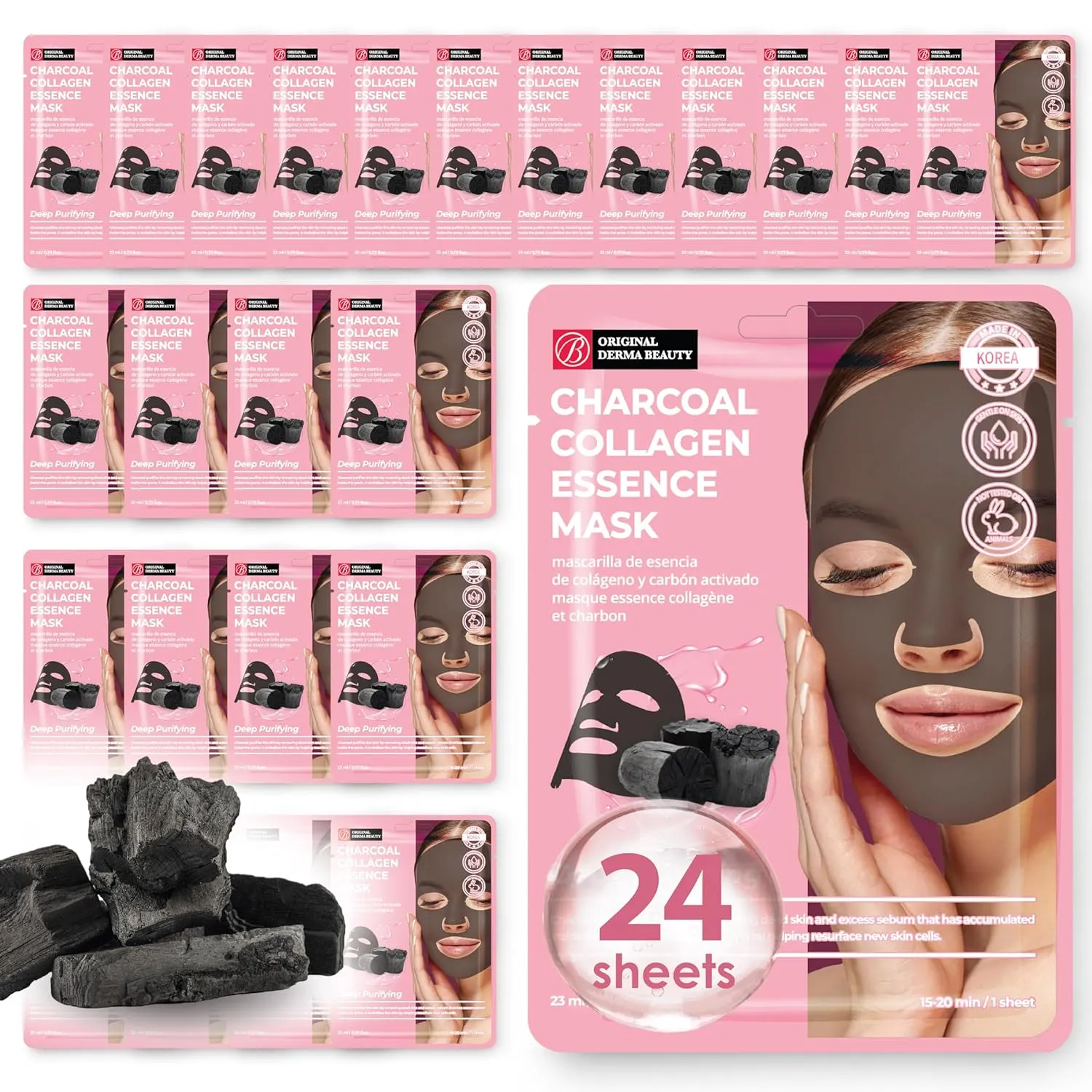 Original Derma Beauty Collagen Face Masks 24 PK Deep Purifying Charcoal Face Mask Skin Care Sheet Masks Set for Beauty & Personal Care Korean Face Mask