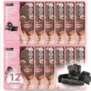 Original Derma Beauty Collagen Face Masks Skincare 12 PK Deep Purifying Charcoal Face Masks Skincare Sheet Masks Set for Beauty & Personal Care Korean Face Mask
