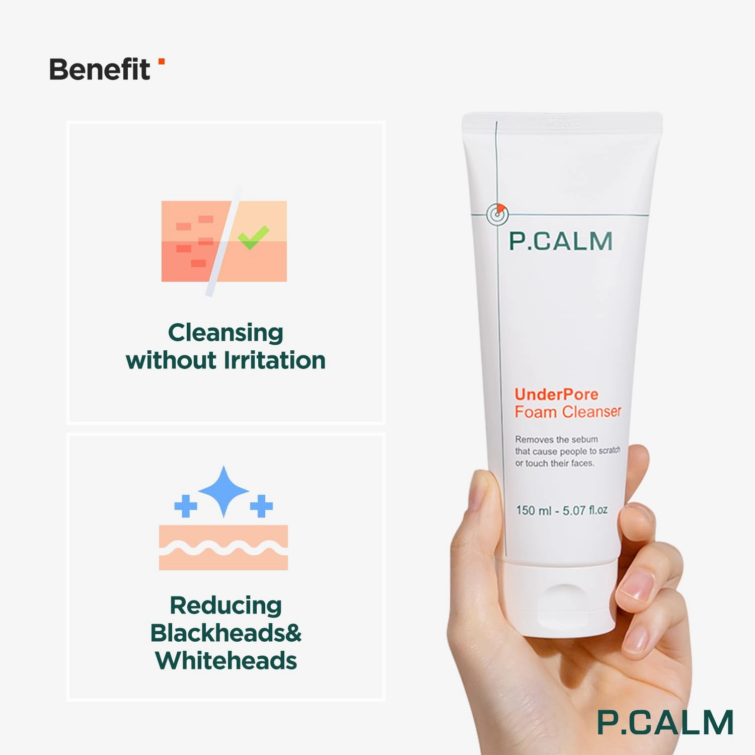 P.CALM Underpore Foam Cleanser – Azulene for Deep Pore Cleansing, Blackhead & Whitehead Removal, Korean Vegan Facial Wash for Sensitive Skin (250ml / 8.45 fl.oz)