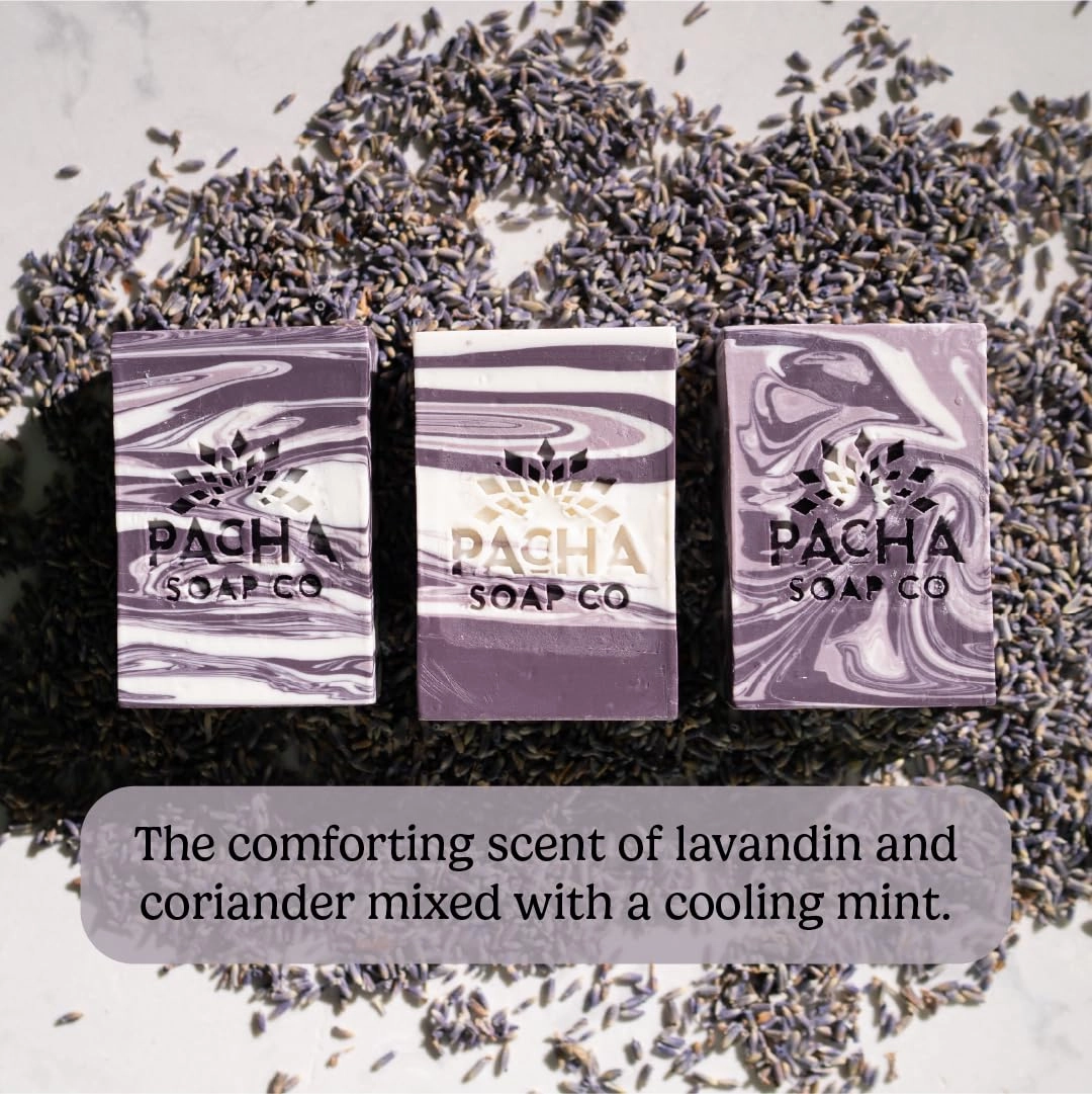 Pacha French Lavender Bar Soap 3 Pack | Premium, Handcrafted with Hydrating Coconut Milk | Natural Face Wash, Hand Cleanser, Body Wash | Soothing with Essential Oils | 4 oz