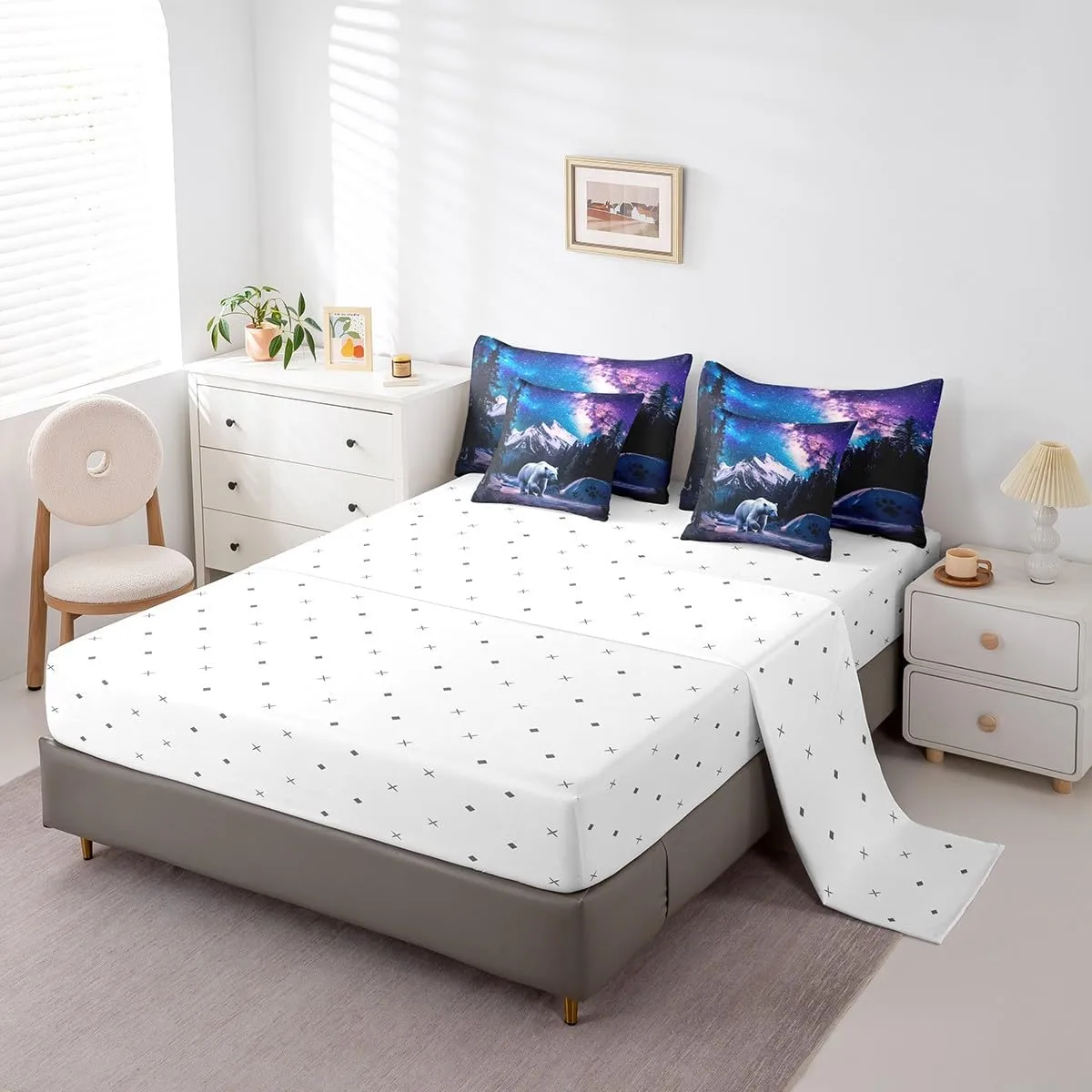 Polar Bear King Comforter Set 7pcs Galaxy Night Borealis Bedding Comforter Sets, Northern Lights Bed in a Bag Arctic Animal Wildlife Bedding Set, Snow Mountain Bed Sheets Set Nature Theme Decor