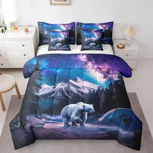 Polar Bear King Comforter Set 7pcs Galaxy Night Borealis Bedding Comforter Sets, Northern Lights Bed in a Bag Arctic Animal Wildlife Bedding Set, Snow Mountain Bed Sheets Set Nature Theme Decor