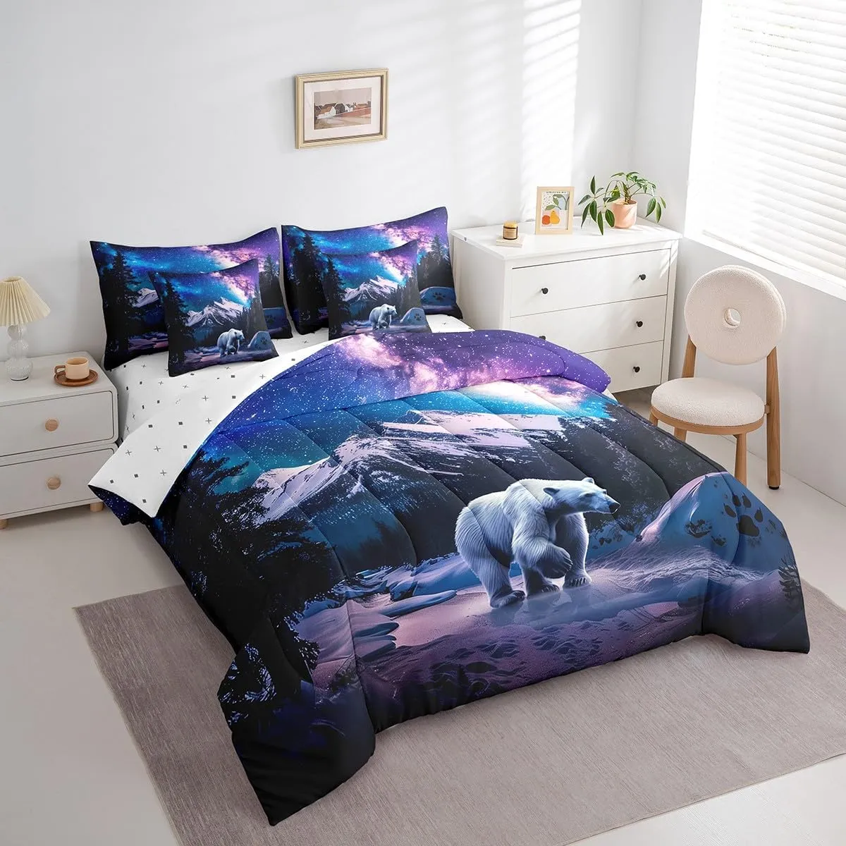 Polar Bear King Comforter Set 7pcs Galaxy Night Borealis Bedding Comforter Sets, Northern Lights Bed in a Bag Arctic Animal Wildlife Bedding Set, Snow Mountain Bed Sheets Set Nature Theme Decor