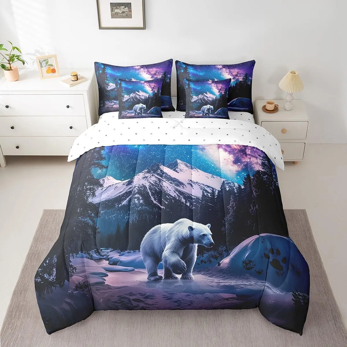 Polar Bear King Comforter Set 7pcs Galaxy Night Borealis Bedding Comforter Sets, Northern Lights Bed in a Bag Arctic Animal Wildlife Bedding Set, Snow Mountain Bed Sheets Set Nature Theme Decor