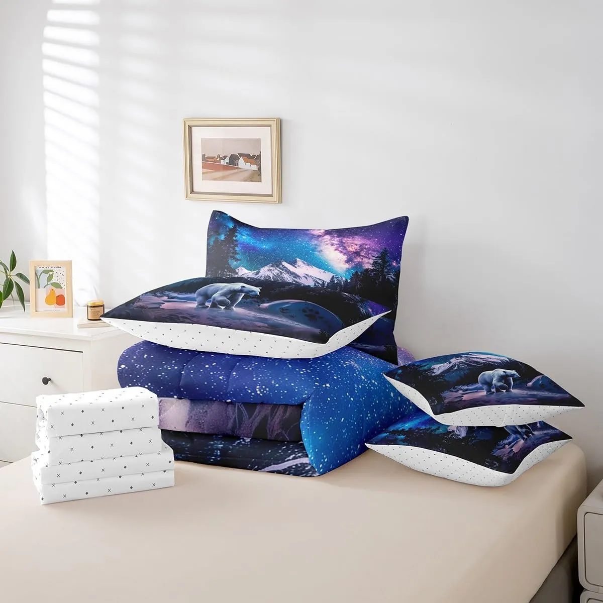 Polar Bear King Comforter Set 7pcs Galaxy Night Borealis Bedding Comforter Sets, Northern Lights Bed in a Bag Arctic Animal Wildlife Bedding Set, Snow Mountain Bed Sheets Set Nature Theme Decor