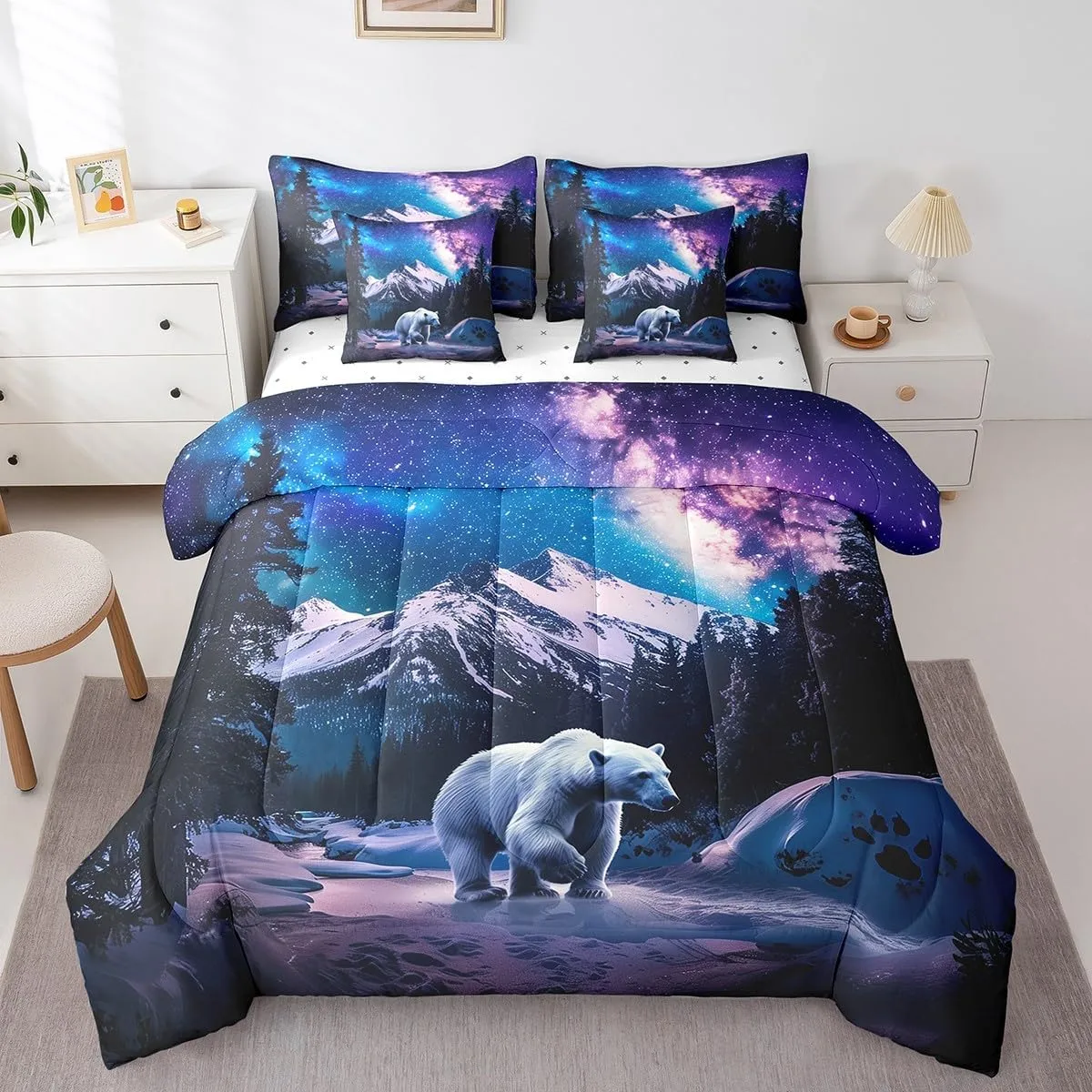 Polar Bear King Comforter Set 7pcs Galaxy Night Borealis Bedding Comforter Sets, Northern Lights Bed in a Bag Arctic Animal Wildlife Bedding Set, Snow Mountain Bed Sheets Set Nature Theme Decor