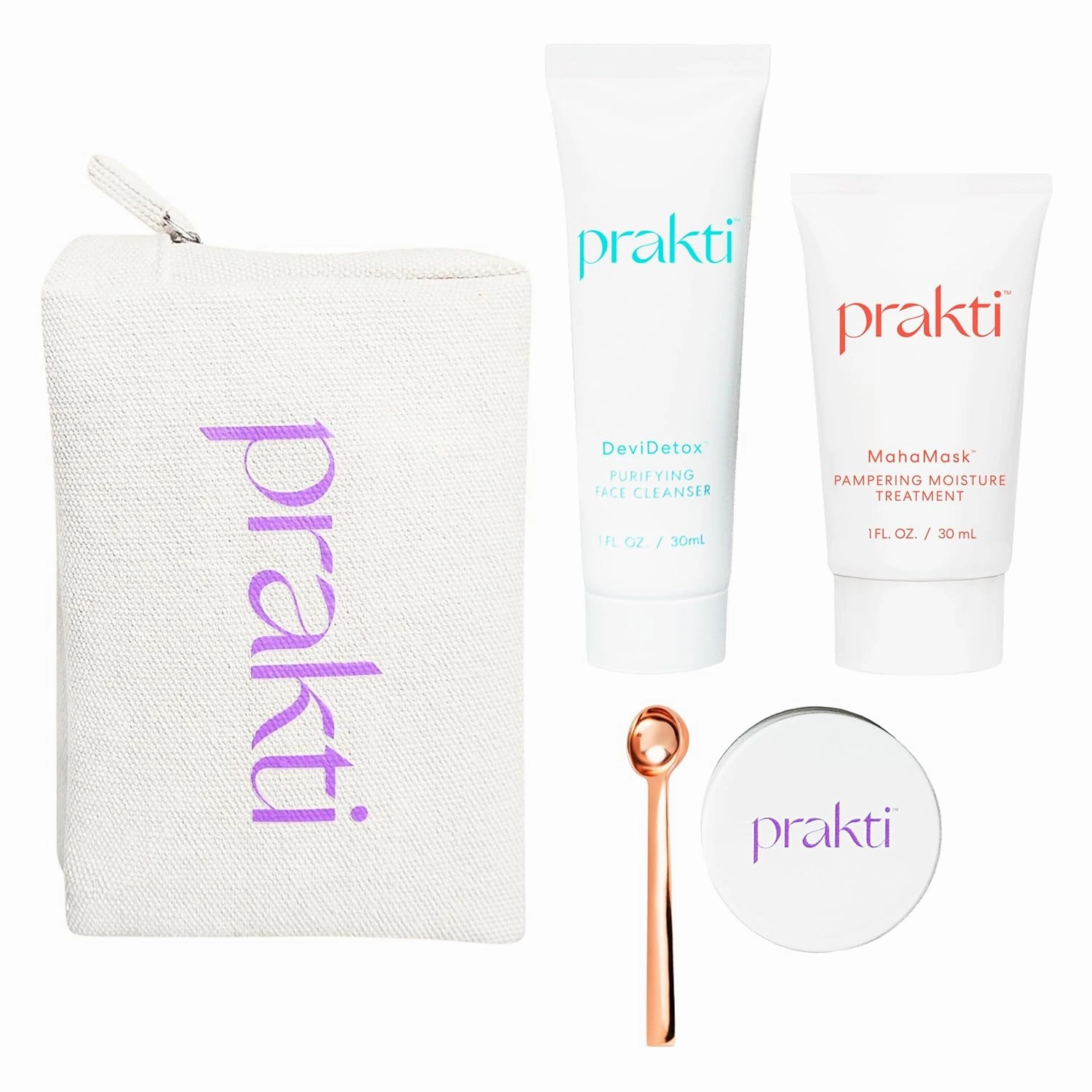 Prakti Path to Priti On-The-Go Essentials Set with Purifying Cleanser, Exfoliator, and Moisture Mask, Travel Skincare Set