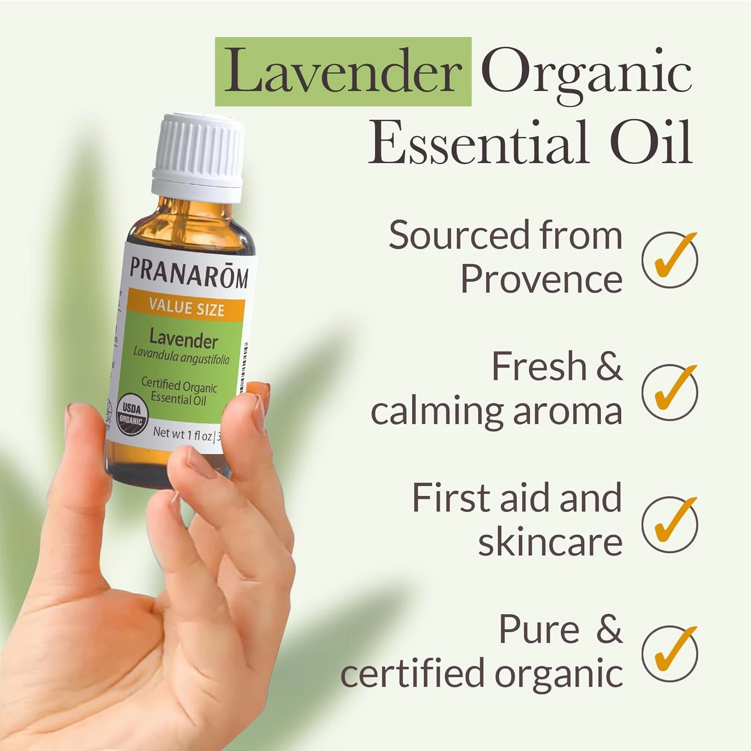 Pranarom USDA Certified Organic Lavender Essential Oil (30ml), 100% Pure Undiluted Therapeutic Grade from French Alps for Aromatherapy, Diffuser, Healthy Skin & Hair, Massage, Relaxation