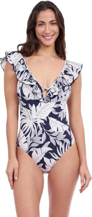 Profile by Gottex Malaya Women’s Tropical Print One Piece Bathing Swimsuit with Ruffle Deep Plunge V-Neck - Swim Essential