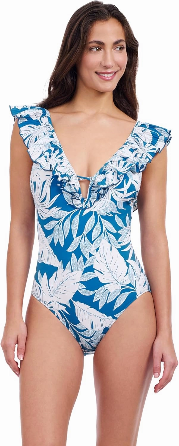 Profile by Gottex Malaya Women’s Tropical Print One Piece Bathing Swimsuit with Ruffle Deep Plunge V-Neck - Swim Essential